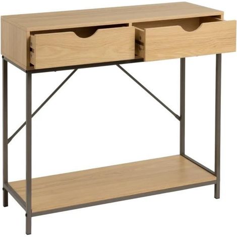 Table console - JUANIO - Longueur 80 cm - 2 tiroirs - Panneaux de particules naturel et structure en métal gris (1/4)