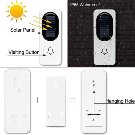 Sonnette solaire sans fil étanche, carillon électronique extérieur blanc, kit de sonnette à énergie solaire, installation facile, usage domestique. (1/2)