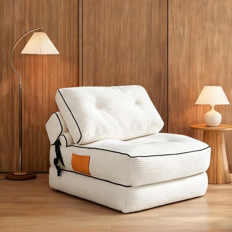 Pouf poire convertible en canapé-lit blanc tissu velours côtelé (1/5)