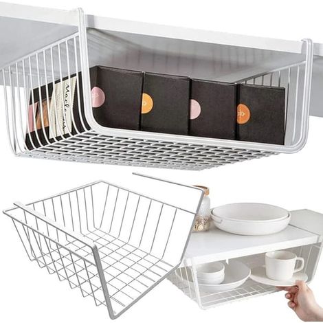 Panier suspendu sous étagère, panier de rangement en métal blanc pour cuisine - Blanc (1/5)