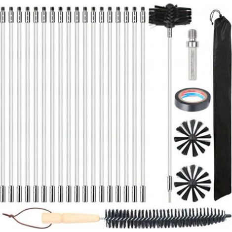 Barre de brosse de 100 mm, 27 brosses de cheminée (dont 20 barres flexibles de 410 mm), 2 têtes de brosse, 1 connecteur de foret + accessoires de cheminée et brosse à manche en bois (1/5)