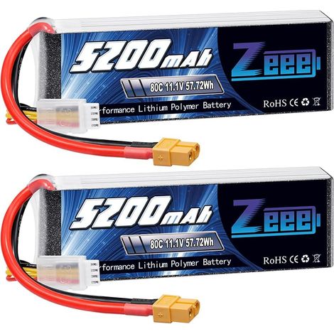 3S Lipo Batterie 5200mAh 11,1V 80C 3S Batterie RC avec connecteur XT60 pour FPV Racing Drones Vélo de Route Quadcopters Avion Hélicoptère RC Bateau RC Voiture (2 Paquets) (1/5)