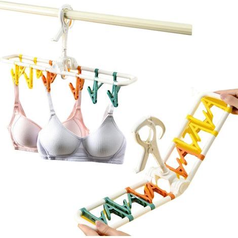 Juego de 2 perchas plegables portátiles con 24 pinzas para calcetines, ganchos giratorios de 360° para toallas, sujetadores, ropa, guantes de plástico, color blanco. (1/5)