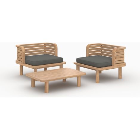 Salón de jardín Kilda 2 plazas en teca y tejido gris, 2 sillones