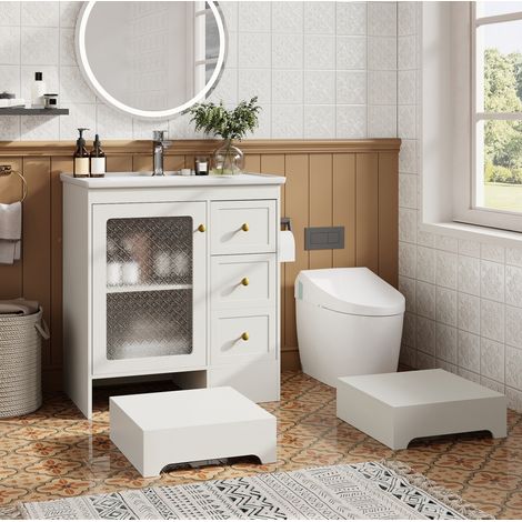 Waschbeckenunterschrank modern weiß mit Keramikwaschbecken, 2 Schubladen, Stauraum und integriertem 2-in-1-Hocker (1/5)
