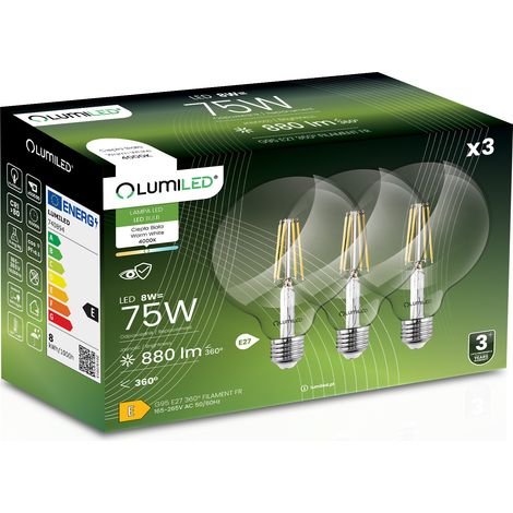 3x LED-Lampe E27 Kugel G95 8W = 75W 880lm 4000K Neutralweiß 360° Glühfadenbeleuchtung