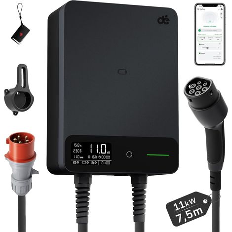 Electric Vehicle Charging Station 11kW APP[6-16A, Three Phase] 11kW with Cable Type 2 7.5 m, RFID, Charging Station with RCD Type-A AC+DC and IP54 for BEV/PHEV, Black (1/5)