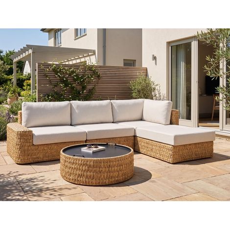 Conjunto de jardín sofá de 4 plazas de ratán sintético mesa de centro con tablero de bandeja cojines beige izquierdo Oliveri (1/5)