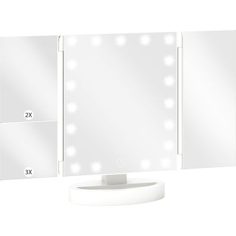 HOMCOM espejo maquillaje con luz, con aumento 1X/2X/3X, rotación libre de 180°, 21 luces LED, interruptor táctil, fuente de alimentación dual, blanco