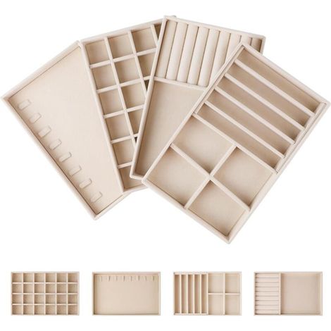 4 x Plateau Bijoux en Velours 2415cm Organisateur de Bijoux Tiroir Femme Rangement Bijoux Tiroir Organiseur, Rangement Collier Boîtes à Bijoux présentoirs pour Boucles D'oreilles Chaîne Beige (1/4)