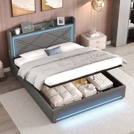 Modern Grey Ottoman Bed - Built-in LED Lighting & Charging Ports 4.6ft No Box Spring (1/5)