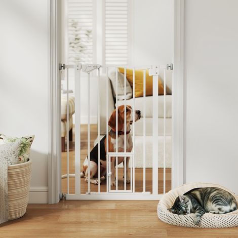 PawHut Hundesicherheitsgitter, ausziehbare Haustierbarriere mit Tür, klein, automatisches Schließsystem und Doppelverriegelung für Türrahmen, Flur und Treppenhaus, 74–80 x 91,4 cm, Weiß