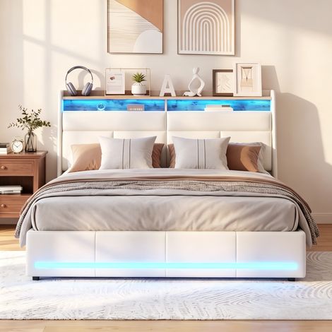 Lit coffre 140x200 cm avec éclairage LED – Tête de lit capitonné multifonction – Rangement hydraulique – Sommier à lattes en bois - PU - Noir (1/5)