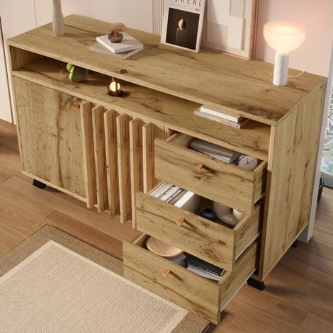 Buffet 120x40x85 cm chêne foncé en bois avec 3 tiroirs, 2 portes à lamelles et étagère réglable (1/5)