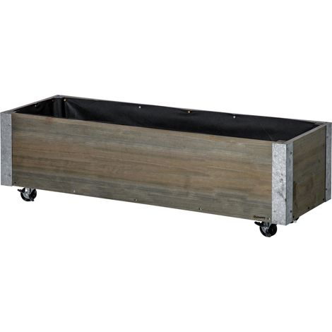 Jardinière rectangulaire en bois de sapin avec roulettes et frein, 96 x 30,6 x 30 cm, grise