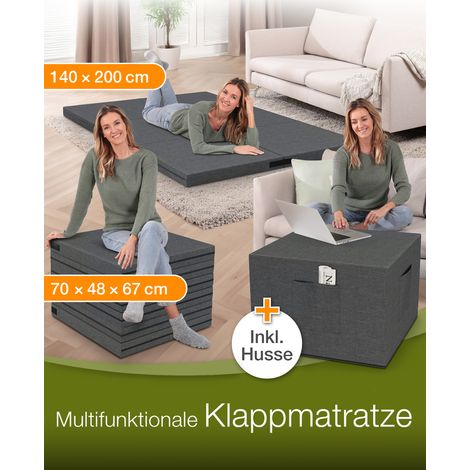 dibea 3-in-1 Klappmatratze: Gästebett, Sitzwürfel & Beistelltisch in einem, abnehmbarer Bezug & Husse mit Taschen, 140x200x8 cm, grau