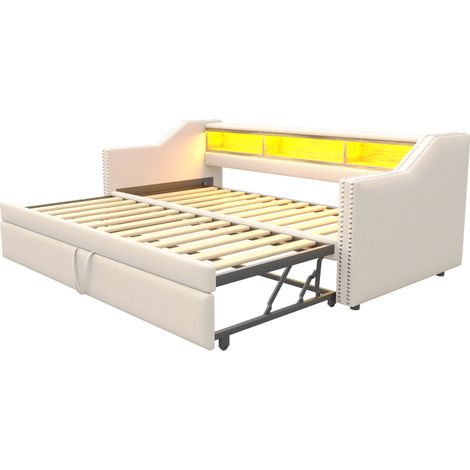 Divano letto estraibile 90/180 x 190 cm con contenitore, LED e porta USB, beige (1/5)