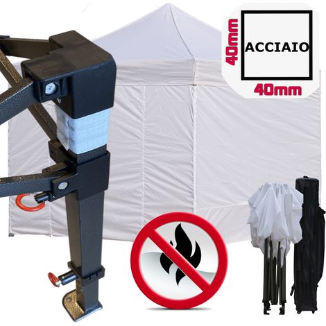 Gazebo 3x3m bianco certificato IGNIFUGO pieghevole portatile estendibile richiudibile estensibile acciaio con laterali per fiere eventi stand chiosco tenda tendone mercato mercatino (1/5)