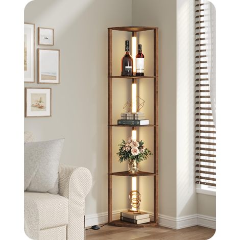 Lampadaire sur pied avec Étagères en Bois, Étagère d’Angle pour Salon,20W LED Lampe sur Pied Réglable, Barre Lumineuse Pivotant à 360°, pour Chambre, Bureau, Marron Rustique (1/5)