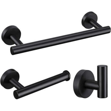 Bathroom accessories, black bathroom hardware set, 3-piece set, includes a towel bar, toilet paper holder, coat hook, and steel wall bracket. (1/3)