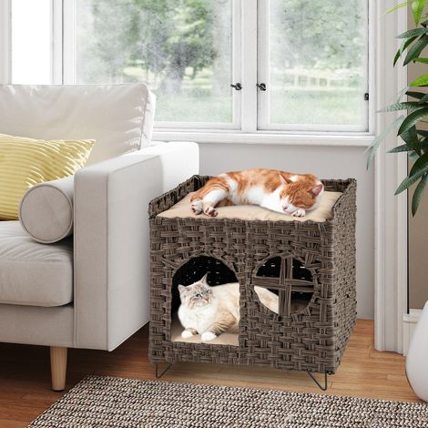 Maison de Chat en Rotin à 2 Niveaux Pliable Condo pour Chaton en Osier avec Perchoir Élev Repaire Caché Coussins Amovibles Doux Meuble Brun (1/3)