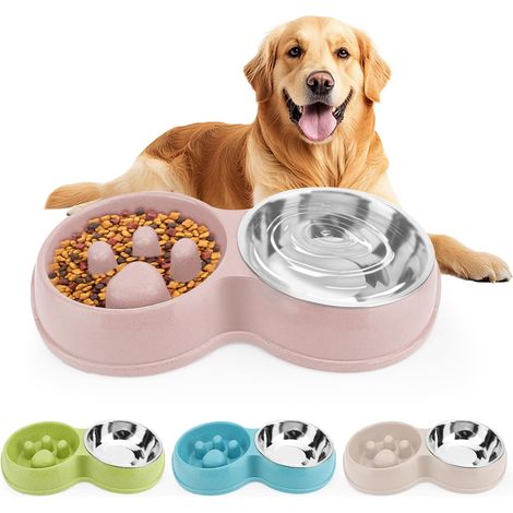 Bol à nourriture lente pour animaux de compagnie, bol à lécher en paille pour chiens, bol à nourriture en forme de puzzle pour chats avec bol à eau en acier inoxydable, rose (1/5)