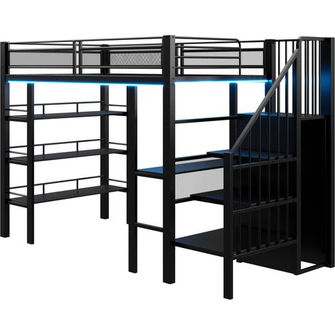 Cama alta 90 x 200 cm de metal negro con LED, toma, escritorio y estantes (1/5)