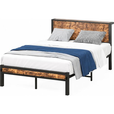 Cama individual 120 x 200 cm en MDF y metal con cabecero de almacenamiento, marrón vintage (1/5)