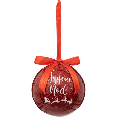 Déco Sapin Boule de Noël D 7.5 cm Rouge pailleté Joyeux Noël - Feeric Christmas