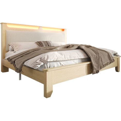 Doppelbett Holzbett , Kopfteil mit Stauraum, LED-Beleuchtung und Beigefarbener Cordpolster-Rückenlehne, Bettrahmen mit Holzlatten, Heller Eiche(Ohne Matratze&Bettbank)