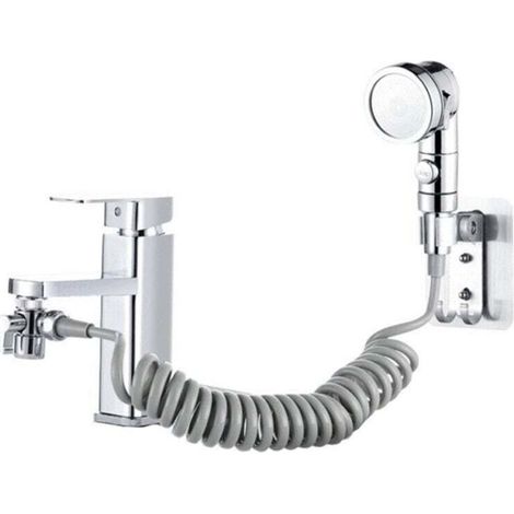 Robinet de salle de bain compatible avec douche à trois vitesses, douchette lavabo, ensemble 4 pièces argent avec tuyaux gris (1/4)