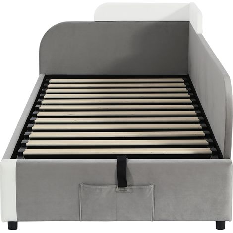 Cama infantil hidráulica con almacenaje 90x200 cm terciopelo gris con barrera lateral derecha (1/5)