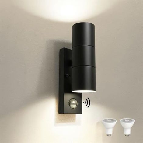 Applique murale extérieure LED en acier inoxydable avec détecteur de mouvement PIR réglable et interrupteur crépusculaire, étanche IP54, éclairage vers le haut/vers le bas, 230 V, incluant 2 ampoules (1/4)