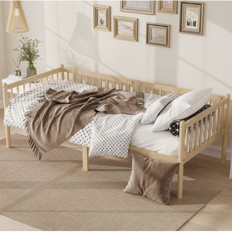 Lit banquette enfant 90x200 cm avec barrières 3 côtés et rangement dessous, 14 lattes, pin naturel (1/5)