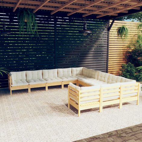 Salon de jardin 11 pcs,Mobilier de terrasse,Table et Chaise pour Relax avec coussins crème Bois de pin -YZ341801 (1/5)