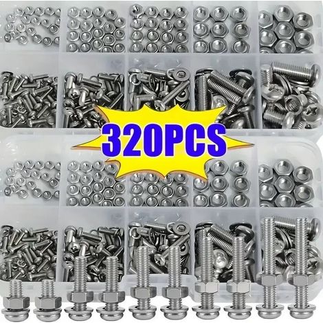 Ensemble de 320 pièces de vis à tête ronde, écrous et rondelles, en acier inoxydable, M3 M4 M5 M6, idéal pour le bricolage et les assemblages. (1/5)
