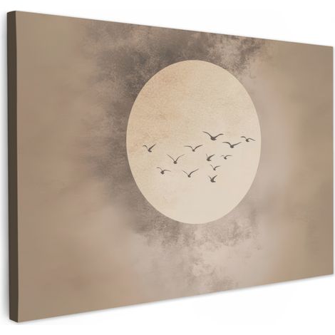 TABLEAU SUR TOILE Oiseau - Beige - Japandi Toile Peinture Grand Format XXL 150x100 cm