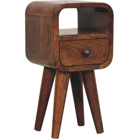 Table de chevet extra mini incurvée en bois massif châtaignier, 1 tiroir + niche ouverte, pieds nordiques, marron foncé, style scandinave (1/4)