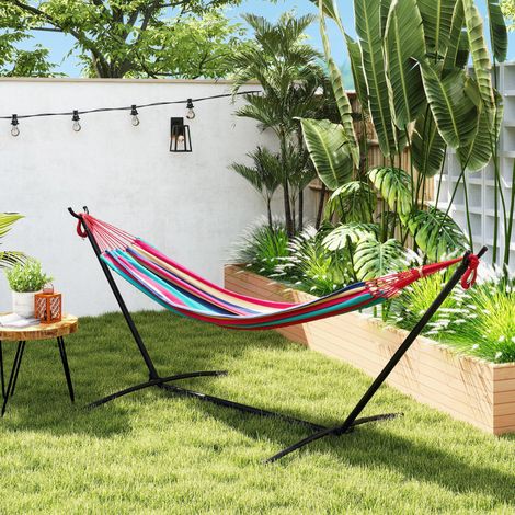 Amaca da giardino Outsunny con supporto in metallo verniciato a polvere epossidica, amaca monoposto autoportante, portata massima 120 kg, borsa per il trasporto rossa.