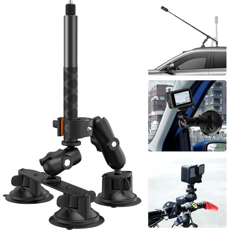3 Ventouse Voiture Camera Support e Pince pour 15 4 avec Perche à Selfie 118cm, 360° Rotatif Action Cam Fixation, Car Suction Cup Mount Auto Pare-brise Tableau de Bord Capot (1/5)