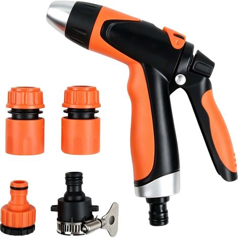 Pistolet d'arrosage Metal, Pulvérisateur de Jardin 4 Réglables, Pistolet Arrosage Haute Pression avec 4 Accessoires, Embout Tuyau Arrosage pour Lavage Voiture,Nettoyage Jardin,Douche Animaux (1/5)