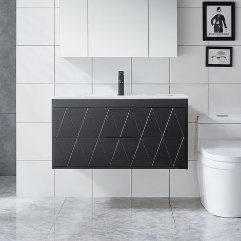 UEV Meuble sous Lavabo Suspendu 90cm, avec Lavabo en Céramique, Robinet, 2 Grands Tiroirs, Meuble Salle de Bain, Motif Ligne, Style Scandinave(Noir, 90 x 45 x 46 cm)