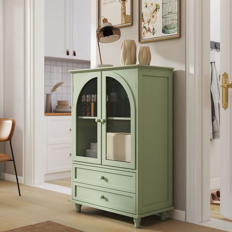 Vitrine Meuble de Rangement à deux tiroirs vert menthe style campagne portes cintrées en verre trempé partie supérieure à niveaux (1/5)