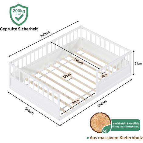 Lit en bois massif au sol 140x200 cm avec barrière de sécurité et sommier, lit Montessori à barreaux avec côté ouvert, lit simple en pin blanc (1/5)