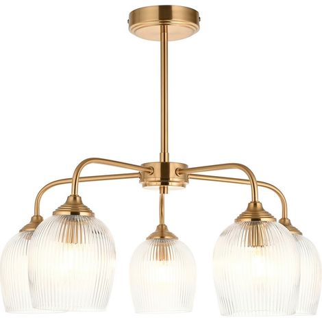 Endon Ashcroft Suspension multi-bras côtelée, plaque en laiton vieilli brossé et verre strié transparent, 5 ampoules E14 (1/5)