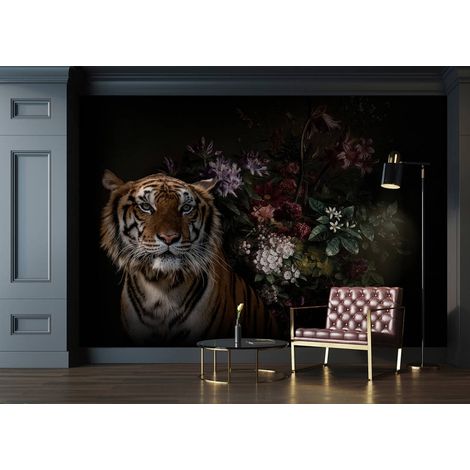 Papier peint panoramique tigre moderne | Tapisserie panoramique noir fleurie pour salon | Papier peint panoramique animaux idéal escalier - 270 x 400 cm (4 pièces) (1/5)