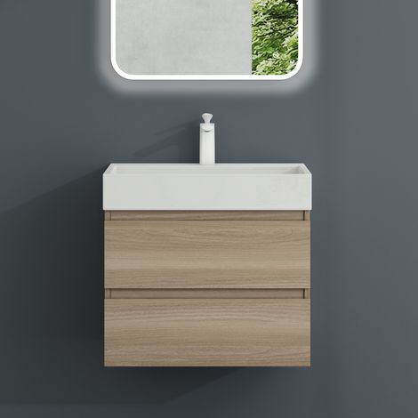 Mai & Mai Meuble Sous Lavabo Chêne Clair Meubles de Salle de Bain 60x38x56cm Meuble Suspendu avec 2 Tiroirs + Lavabo + Bonde Verona (1/5)