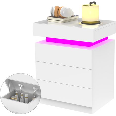Table de Chevet LED Multifonction 3 Tiroirs avec Dessus Rabattable - Panneau de Particules 45x35x61cm, 16 Couleurs Personnalisables & Télécommande pour Chambre/Salon Design Moderne (1/5)