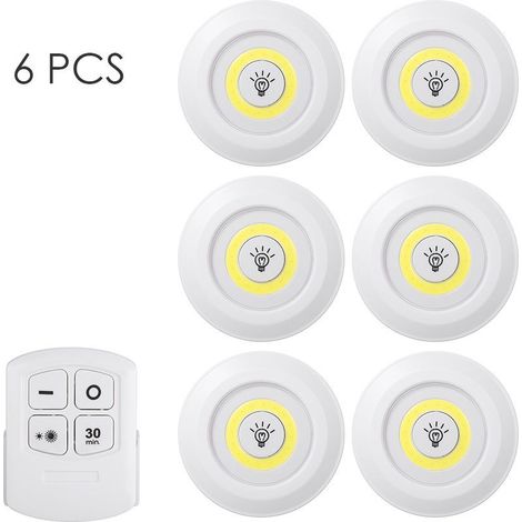 Lot de 6 veilleuses LED COB sans fil télécommande luminosité minuterie placards piles AAA (1/5)