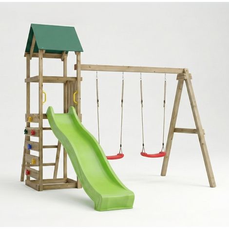 Parco giochi in legno Maxplay 2.1 con scivolo verde, doppia altalena e arrampicata per giardino (1/5)